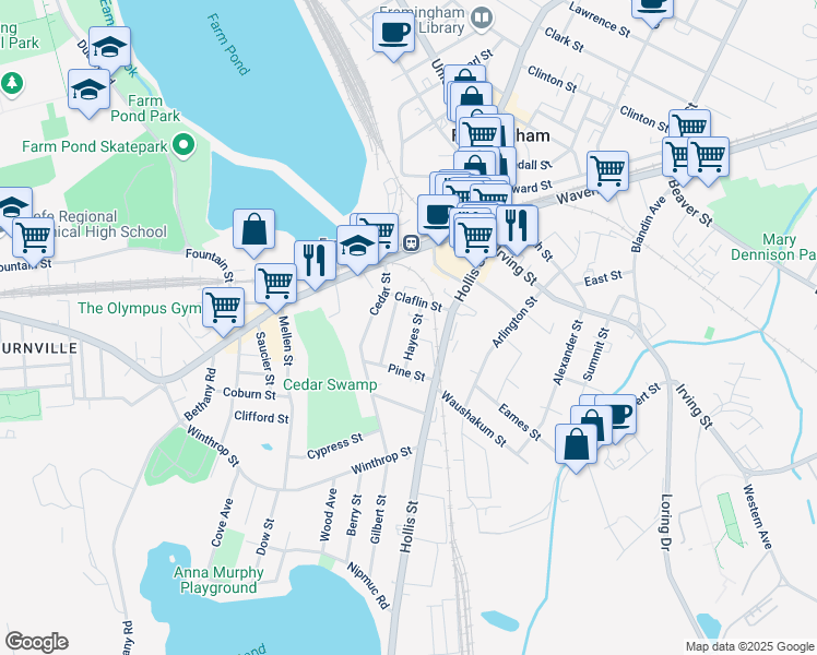 map of restaurants, bars, coffee shops, grocery stores, and more near 38 Hayes Street in Framingham