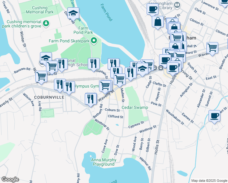 map of restaurants, bars, coffee shops, grocery stores, and more near 4 Naples Street in Framingham