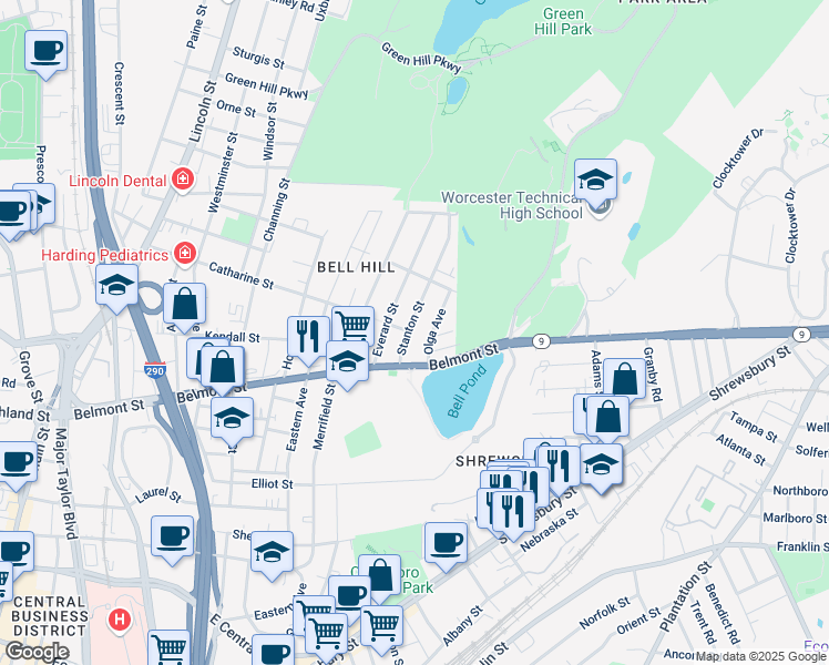 map of restaurants, bars, coffee shops, grocery stores, and more near 199 Belmont Street in Worcester
