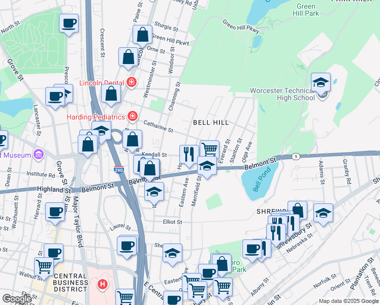 map of restaurants, bars, coffee shops, grocery stores, and more near 137A Eastern Avenue in Worcester