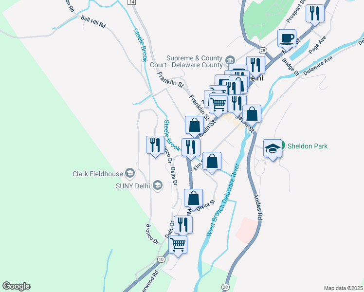 map of restaurants, bars, coffee shops, grocery stores, and more near Delhi Drive in Delhi
