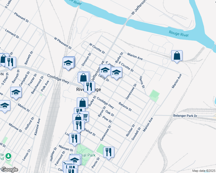 map of restaurants, bars, coffee shops, grocery stores, and more near 53 Batavia Street in River Rouge