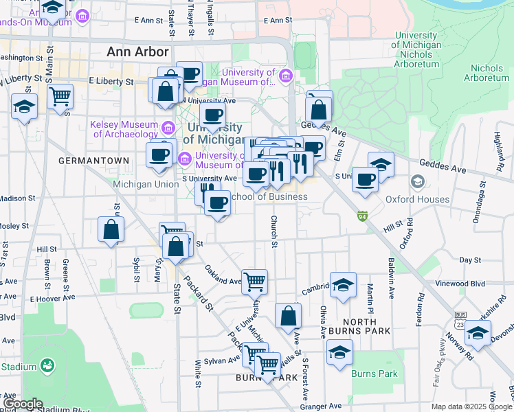 map of restaurants, bars, coffee shops, grocery stores, and more near 700 East University Avenue in Ann Arbor