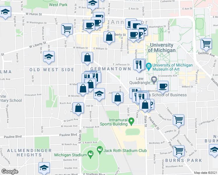 map of restaurants, bars, coffee shops, grocery stores, and more near 12 South 5th Avenue in Ann Arbor