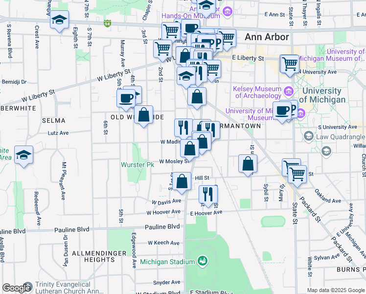 map of restaurants, bars, coffee shops, grocery stores, and more near 631 South 1st Street in Ann Arbor