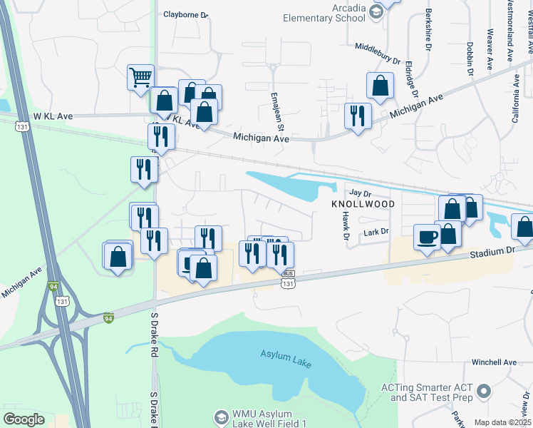 map of restaurants, bars, coffee shops, grocery stores, and more near 4103 Nancy Lane in Kalamazoo