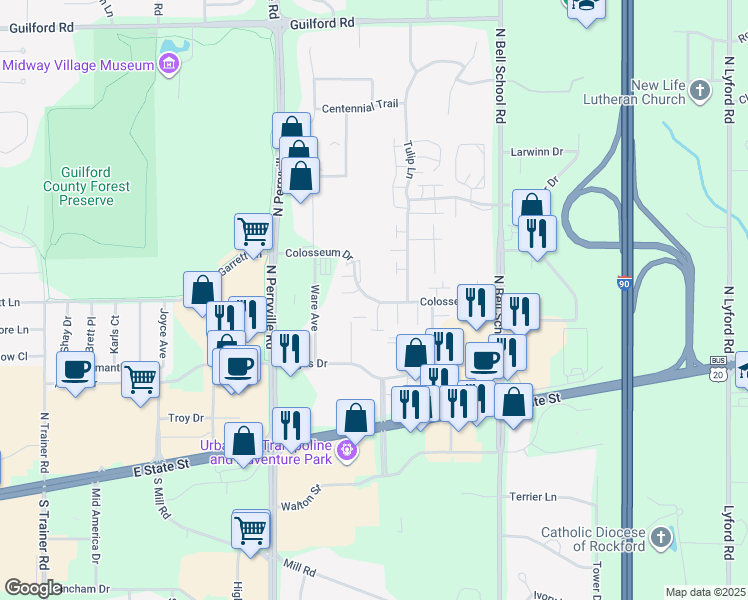 map of restaurants, bars, coffee shops, grocery stores, and more near 7227 Colosseum Drive in Rockford