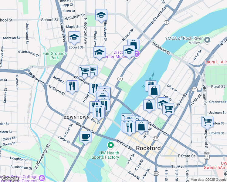 map of restaurants, bars, coffee shops, grocery stores, and more near 312 North Main Street in Rockford