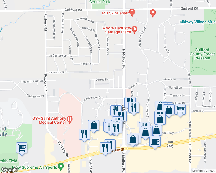 map of restaurants, bars, coffee shops, grocery stores, and more near 5860 Garrett Lane in Rockford