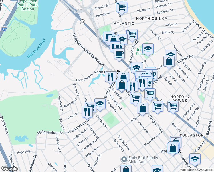 map of restaurants, bars, coffee shops, grocery stores, and more near 95 West Squantum Street in Quincy