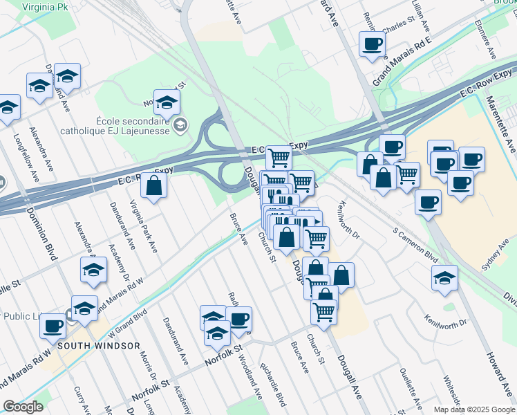 map of restaurants, bars, coffee shops, grocery stores, and more near 3001 British Columbia 3B in Windsor