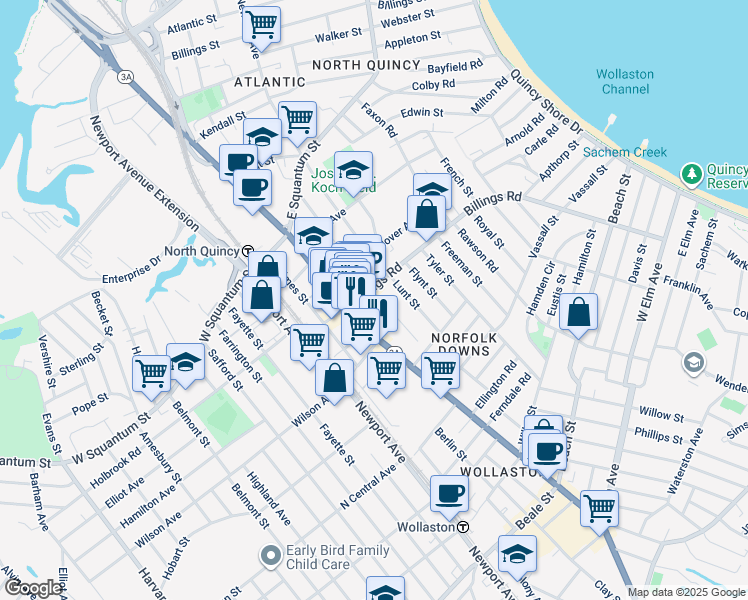 map of restaurants, bars, coffee shops, grocery stores, and more near 7-27 Vane Street in Quincy