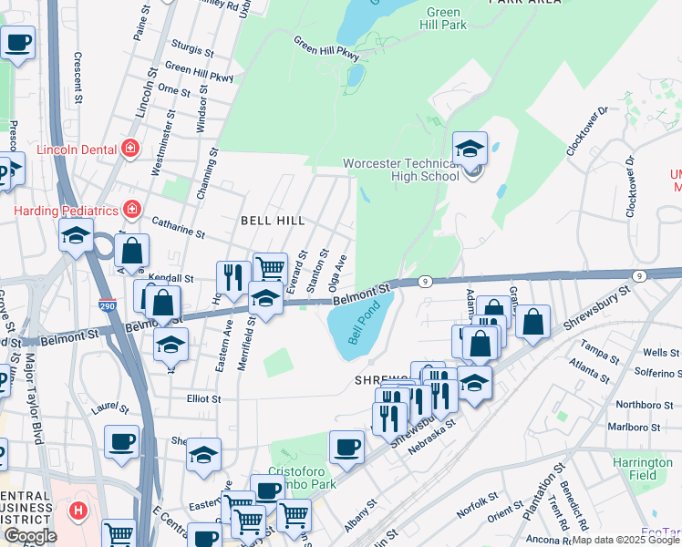 map of restaurants, bars, coffee shops, grocery stores, and more near 32 Olga Avenue in Worcester