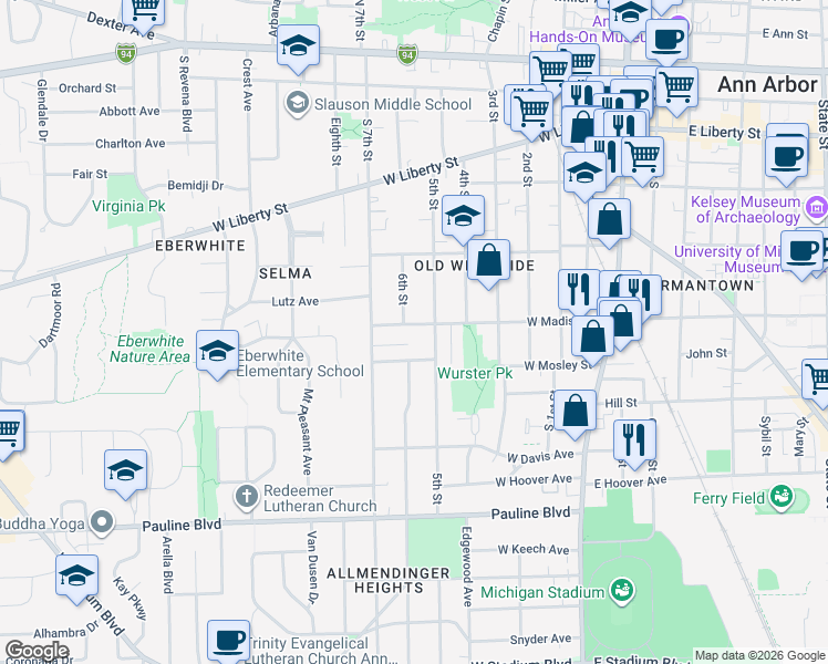map of restaurants, bars, coffee shops, grocery stores, and more near 715 West Madison Street in Ann Arbor