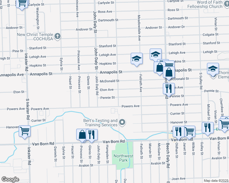 map of restaurants, bars, coffee shops, grocery stores, and more near 26325 Eton Avenue in Dearborn Heights