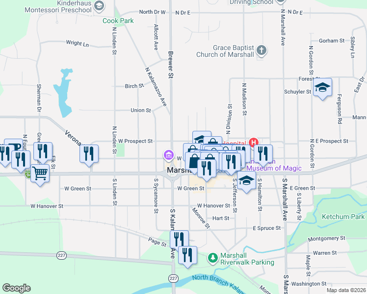 map of restaurants, bars, coffee shops, grocery stores, and more near 311 North Grand Street in Marshall