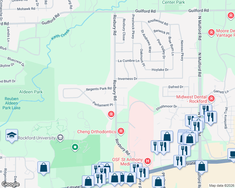 map of restaurants, bars, coffee shops, grocery stores, and more near 5332 Regents Park Road in Rockford