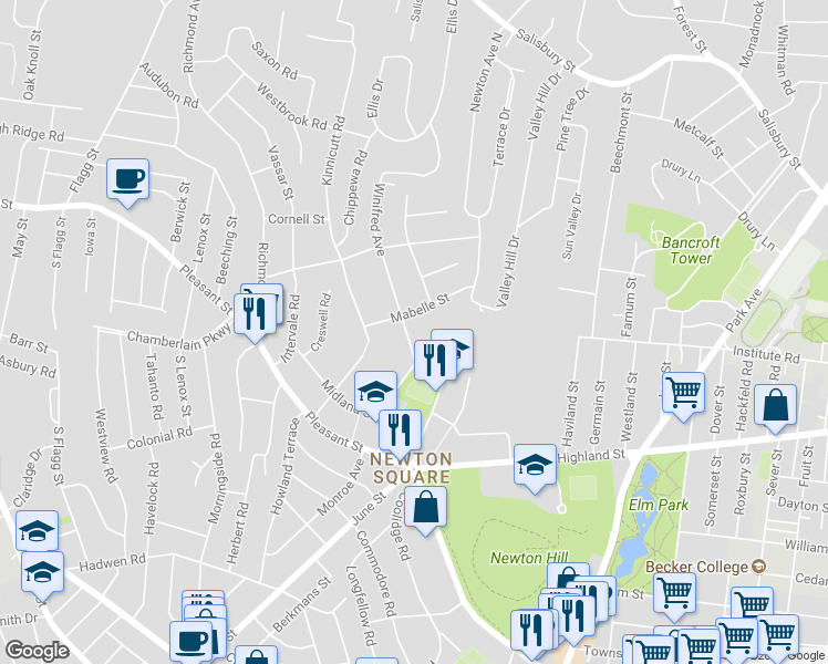 map of restaurants, bars, coffee shops, grocery stores, and more near 26 Winifred Avenue in Worcester