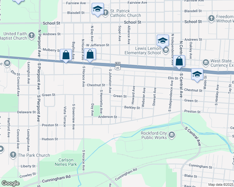 map of restaurants, bars, coffee shops, grocery stores, and more near 304 South Johnston Avenue in Rockford