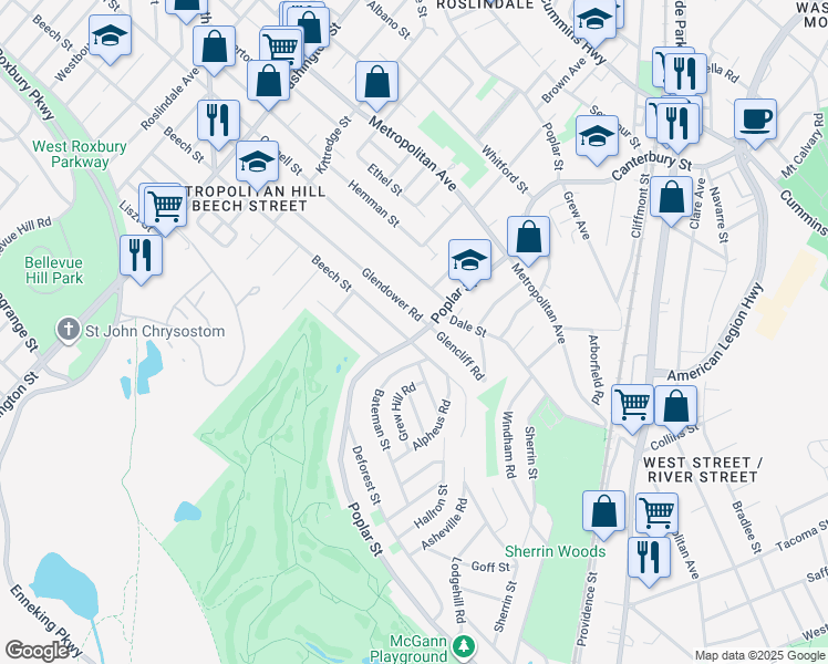 map of restaurants, bars, coffee shops, grocery stores, and more near 497 Poplar Street in Boston