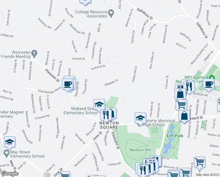 map of restaurants, bars, coffee shops, grocery stores, and more near 26 Winifred Avenue in Worcester