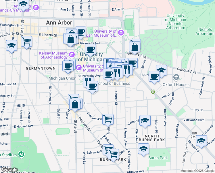 map of restaurants, bars, coffee shops, grocery stores, and more near 700 East University Avenue in Ann Arbor