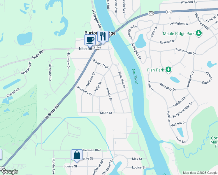 map of restaurants, bars, coffee shops, grocery stores, and more near 3818 Illinois Street in Crystal Lake