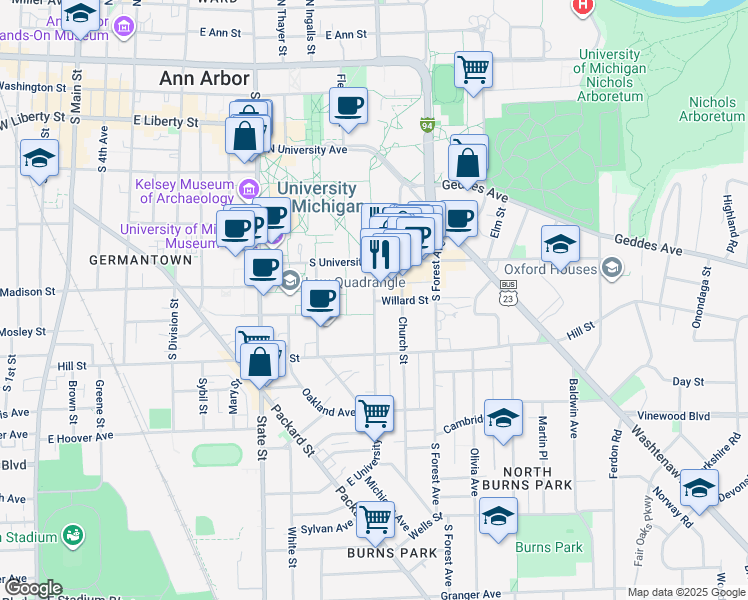 map of restaurants, bars, coffee shops, grocery stores, and more near 700 East University Avenue in Ann Arbor
