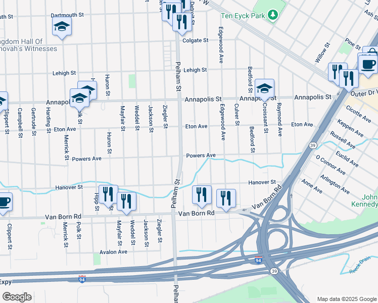 map of restaurants, bars, coffee shops, grocery stores, and more near 4956 Detroit Street in Dearborn Heights