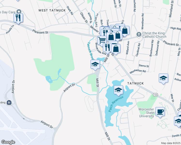 map of restaurants, bars, coffee shops, grocery stores, and more near 8 Airport Drive in Worcester