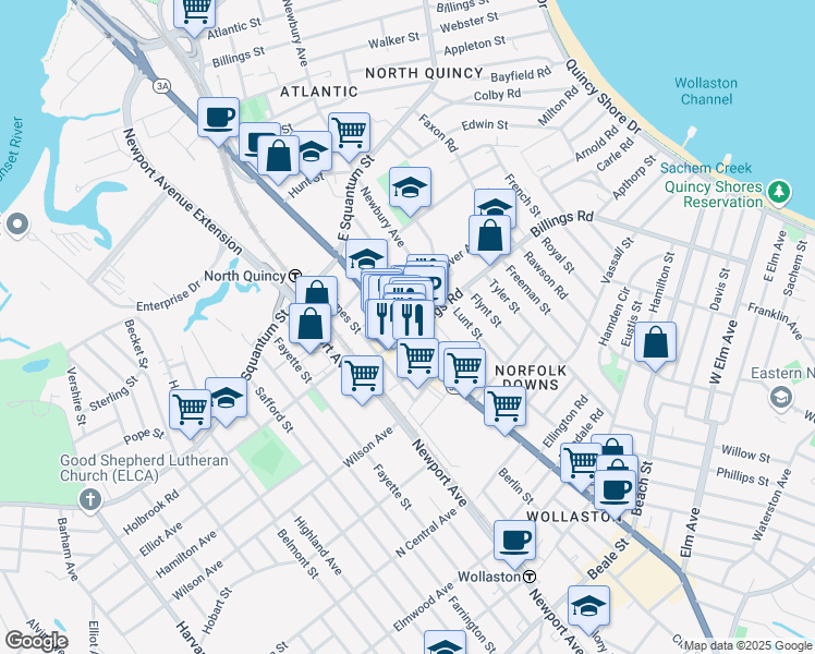 map of restaurants, bars, coffee shops, grocery stores, and more near 10 Pierce Street in Quincy
