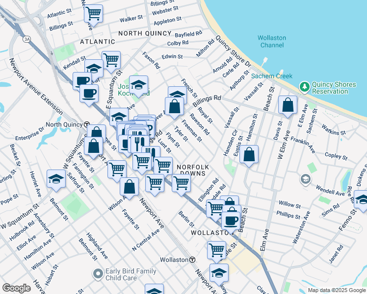 map of restaurants, bars, coffee shops, grocery stores, and more near 39 Freeman Street in Quincy