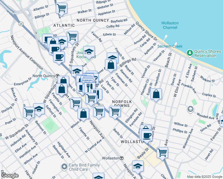 map of restaurants, bars, coffee shops, grocery stores, and more near 20 Flynt Street in Quincy