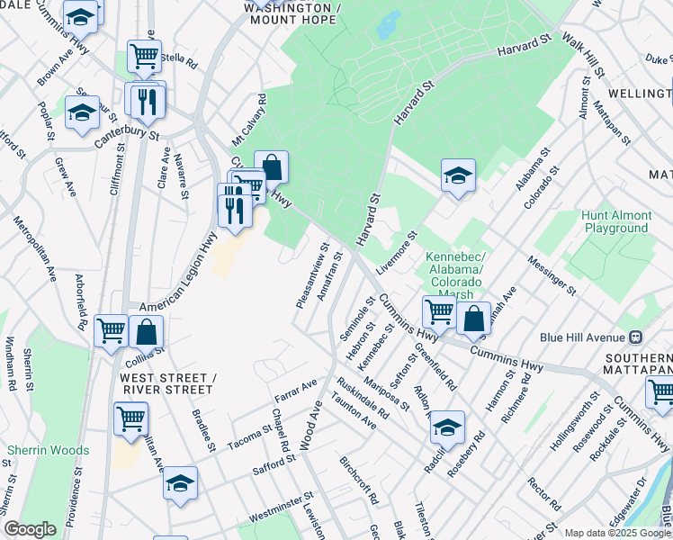 map of restaurants, bars, coffee shops, grocery stores, and more near 22 Pleasantview Street in Boston