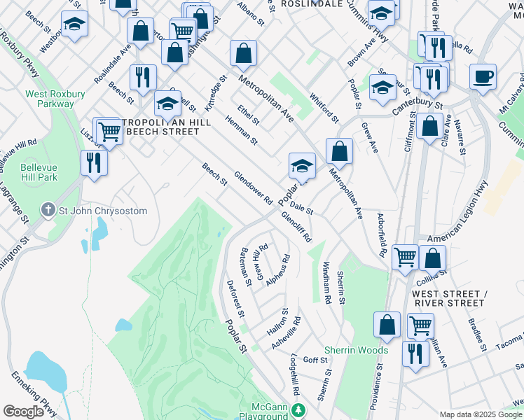 map of restaurants, bars, coffee shops, grocery stores, and more near 26 Glendower Road in Boston