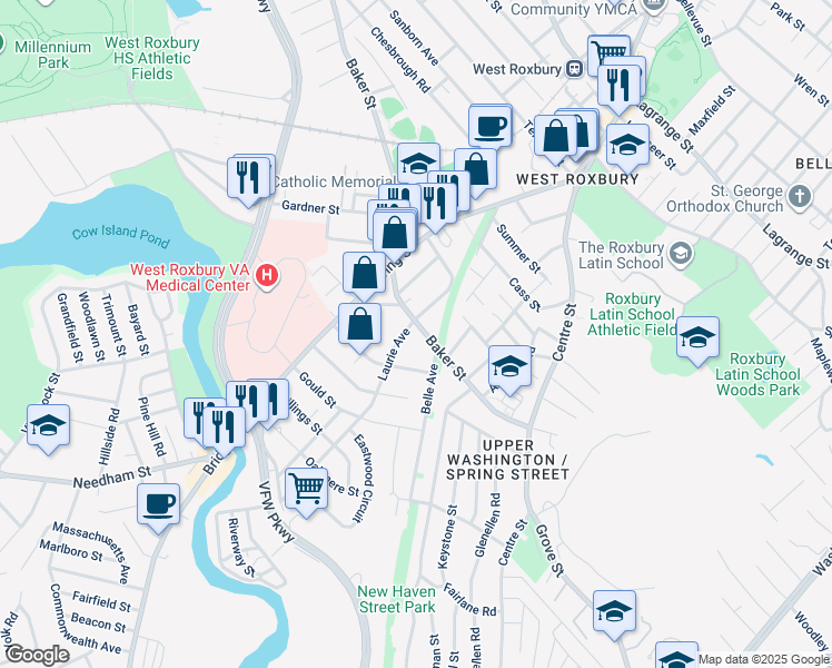 map of restaurants, bars, coffee shops, grocery stores, and more near 67 Constance Road in Boston