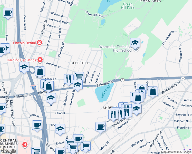 map of restaurants, bars, coffee shops, grocery stores, and more near 54 Olga Avenue in Worcester
