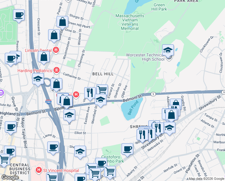 map of restaurants, bars, coffee shops, grocery stores, and more near 38 Everard Street in Worcester