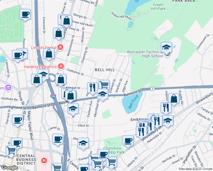map of restaurants, bars, coffee shops, grocery stores, and more near 57 Rodney Street in Worcester