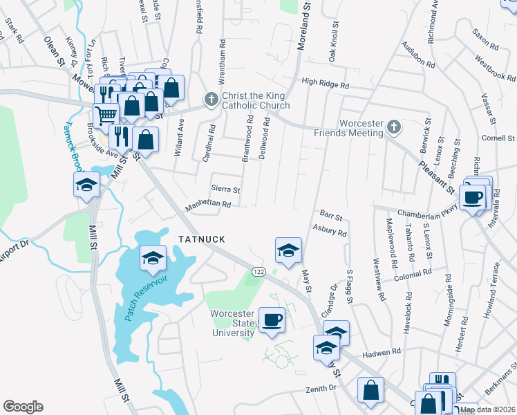 map of restaurants, bars, coffee shops, grocery stores, and more near 50 Ashmore Road in Worcester