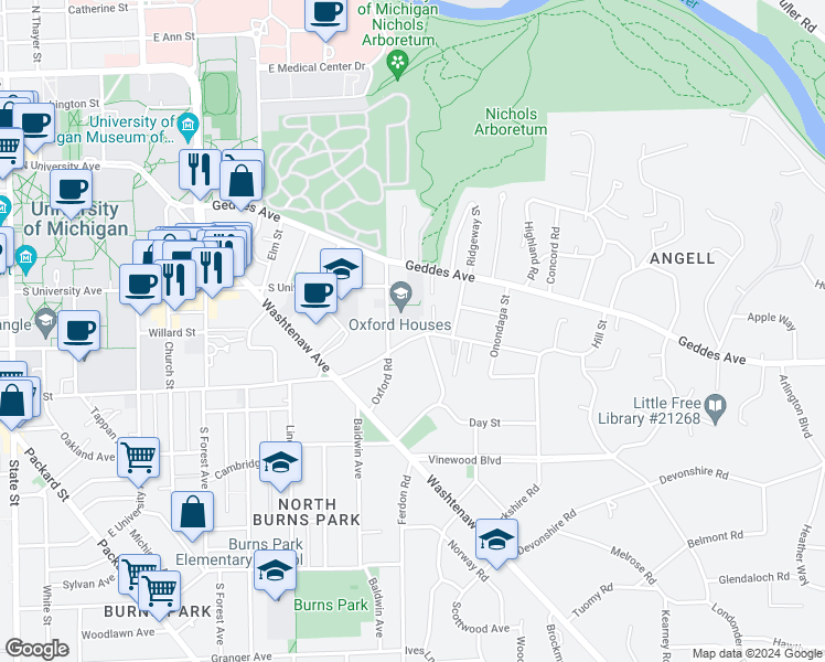 map of restaurants, bars, coffee shops, grocery stores, and more near 623 Oxford Road in Ann Arbor