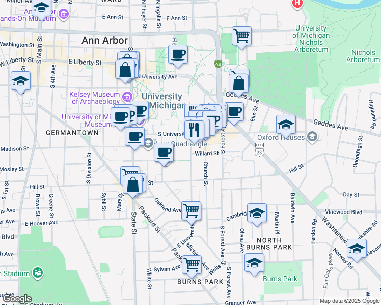 map of restaurants, bars, coffee shops, grocery stores, and more near 550 East University Avenue in Ann Arbor