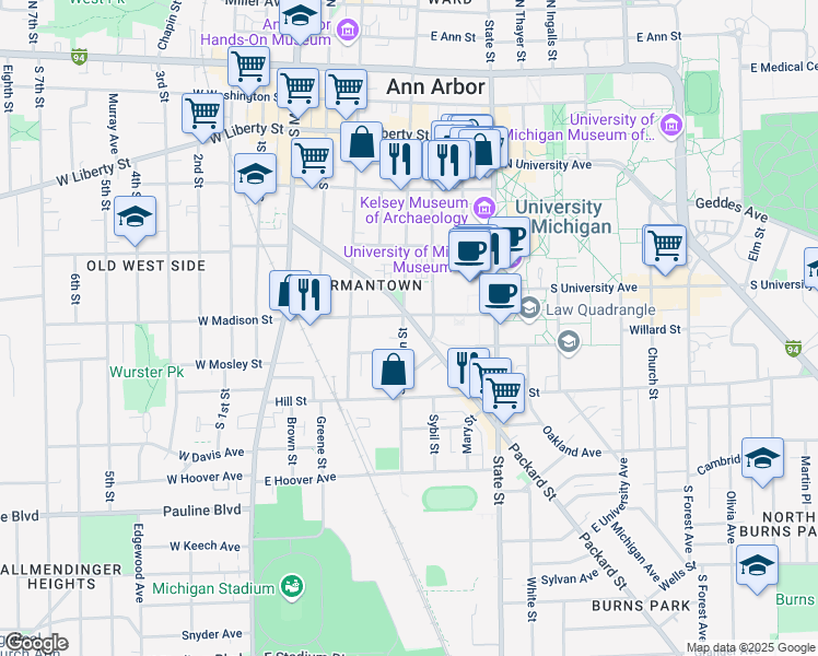map of restaurants, bars, coffee shops, grocery stores, and more near 540 Thompson Street in Ann Arbor