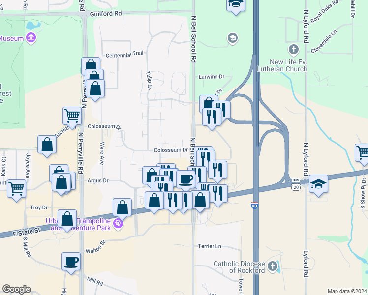 map of restaurants, bars, coffee shops, grocery stores, and more near 7337 Travertine Trail in Rockford