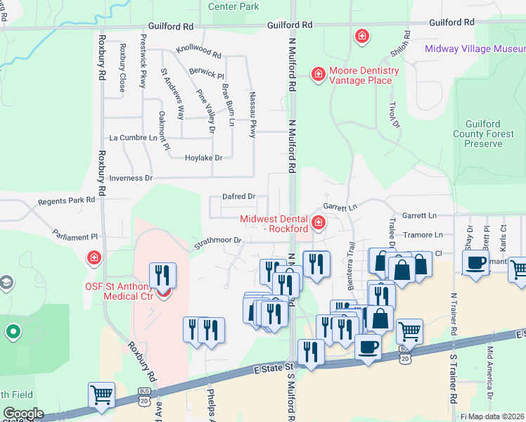 map of restaurants, bars, coffee shops, grocery stores, and more near 571 Donna Drive in Rockford