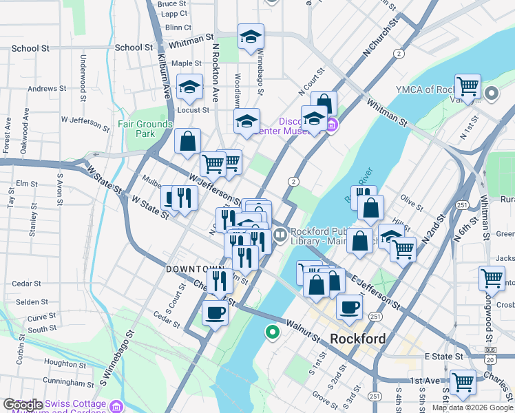 map of restaurants, bars, coffee shops, grocery stores, and more near 327 North Church Street in Rockford