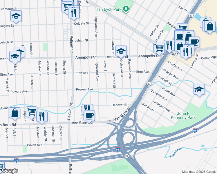 map of restaurants, bars, coffee shops, grocery stores, and more near 18346 Powers Avenue in Dearborn Heights