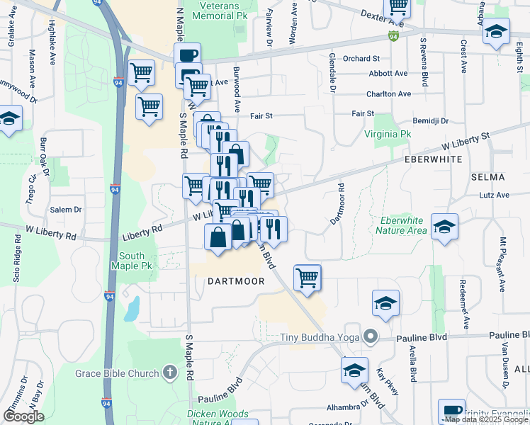 map of restaurants, bars, coffee shops, grocery stores, and more near in Ann Arbor
