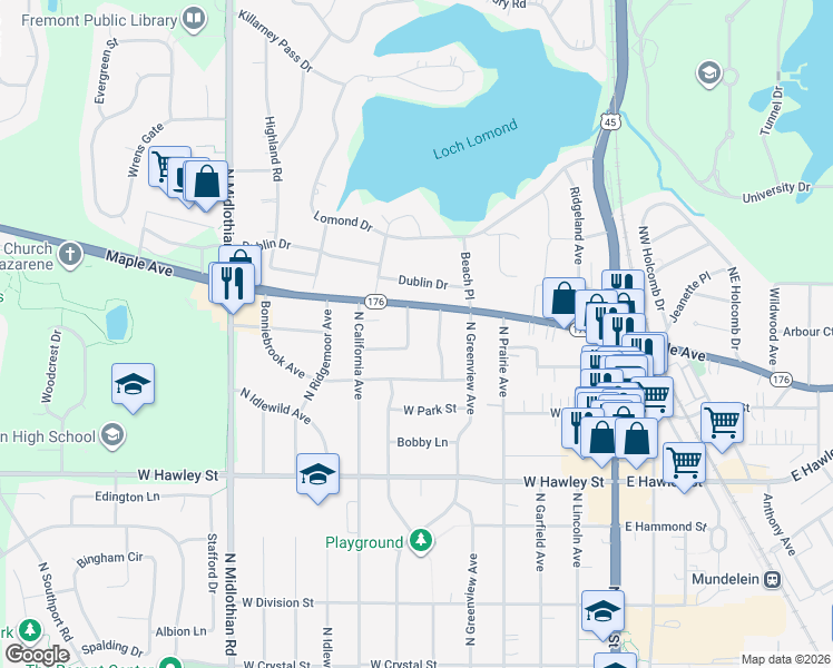 map of restaurants, bars, coffee shops, grocery stores, and more near 666 North Emerald Avenue in Mundelein