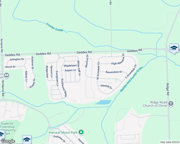 map of restaurants, bars, coffee shops, grocery stores, and more near 1862 Wexford Drive in Superior Charter Township